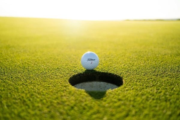 Golf ball near hole on golf course