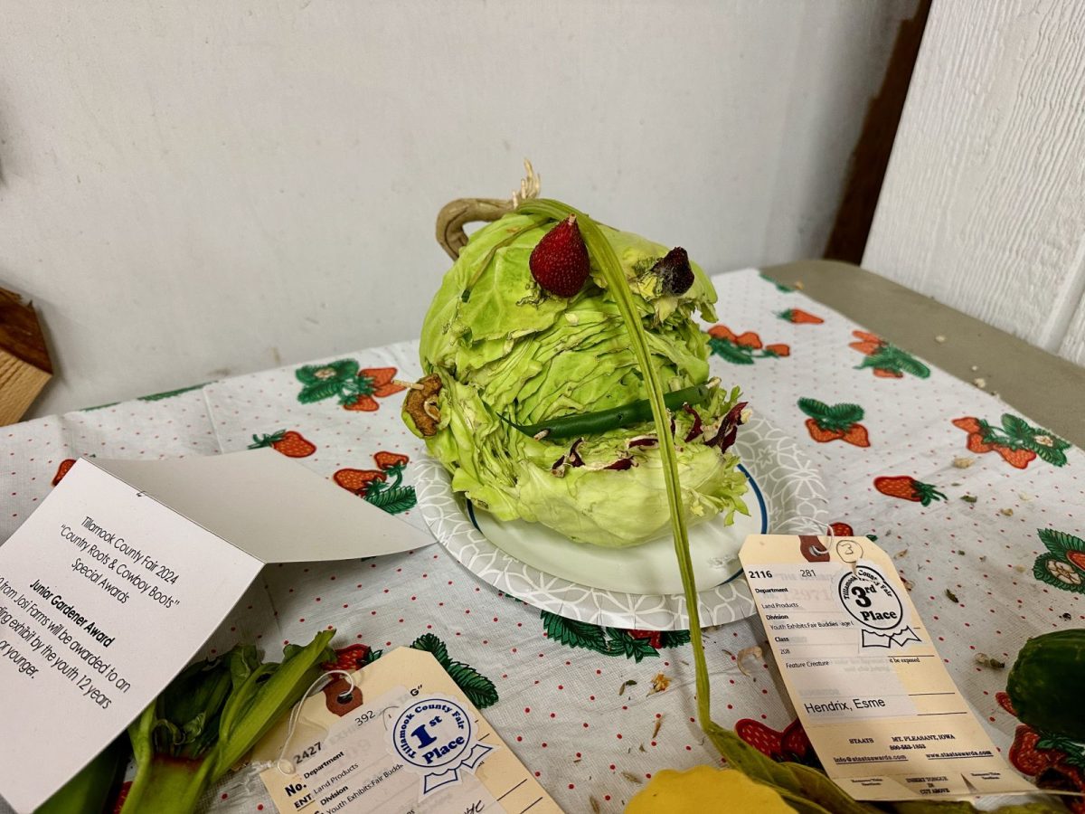Green cabbage sculpture with long stems and strawberries on top, displayed on a plate, with award ribbons and entry tags nearby on a strawberry-pattern tablecloth.